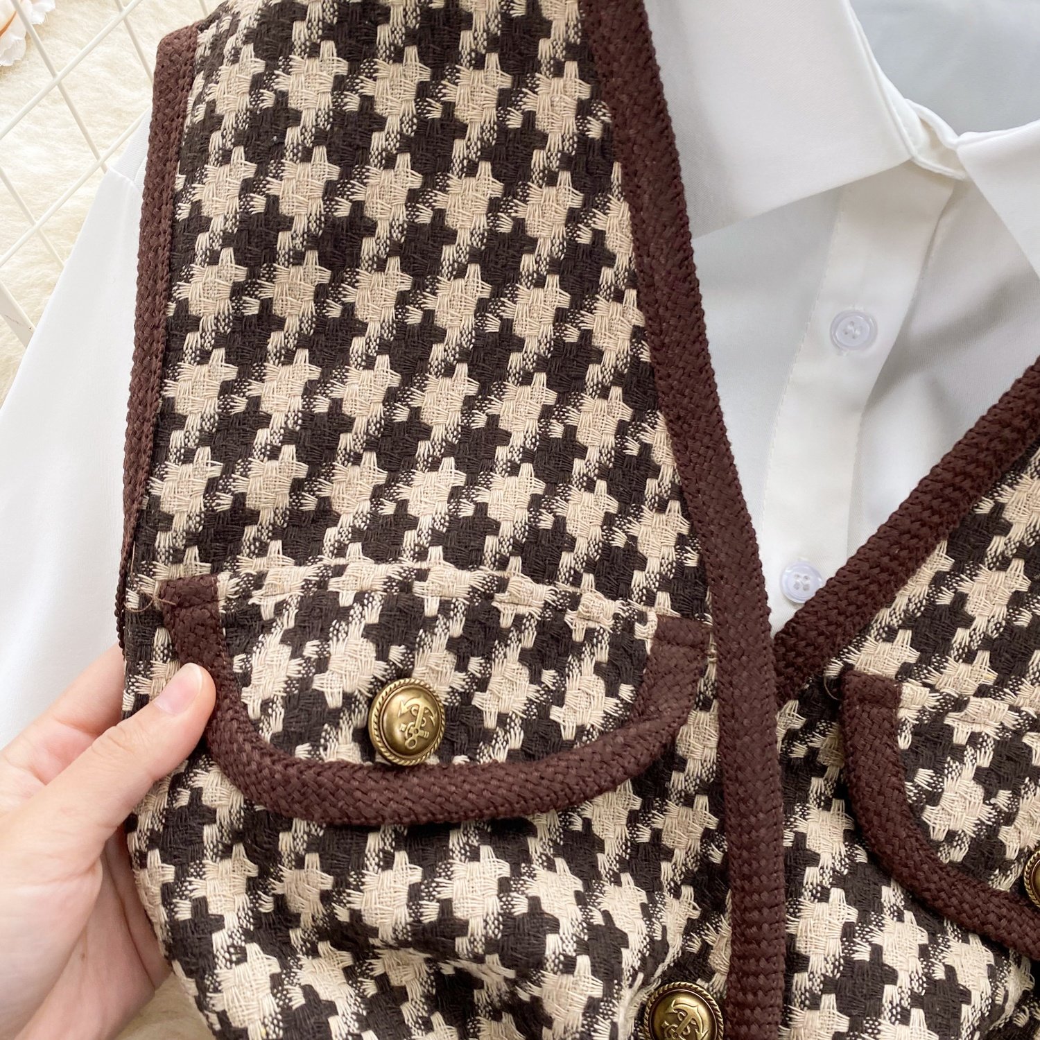 French Vintage Plaid Vest Casual Versatile Loose Long Sleeve Shirt Set with Belt