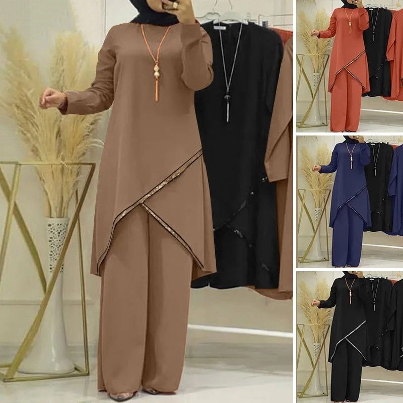 2024 Spring Women's New Solid Color Long Sleeve Shirt Wide Leg Pants Casual Two Piece Muslim Turkey Dubai Fashion Suit 7084