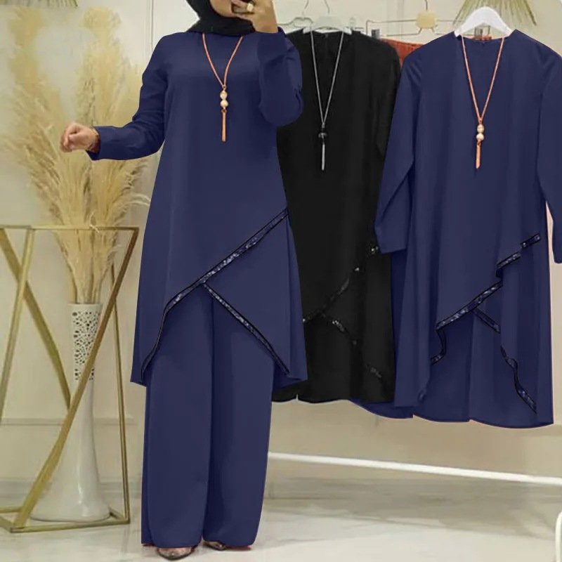 2024 Spring Women's New Solid Color Long Sleeve Shirt Wide Leg Pants Casual Two Piece Muslim Turkey Dubai Fashion Suit 7084