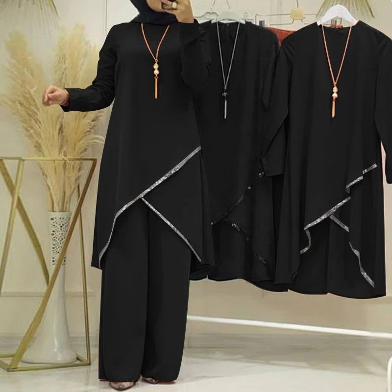 2024 Spring Women's New Solid Color Long Sleeve Shirt Wide Leg Pants Casual Two Piece Muslim Turkey Dubai Fashion Suit 7084