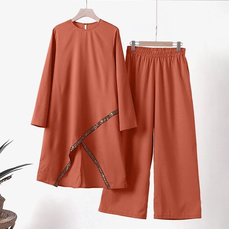 2024 Spring Women's New Solid Color Long Sleeve Shirt Wide Leg Pants Casual Two Piece Muslim Turkey Dubai Fashion Suit 7084
