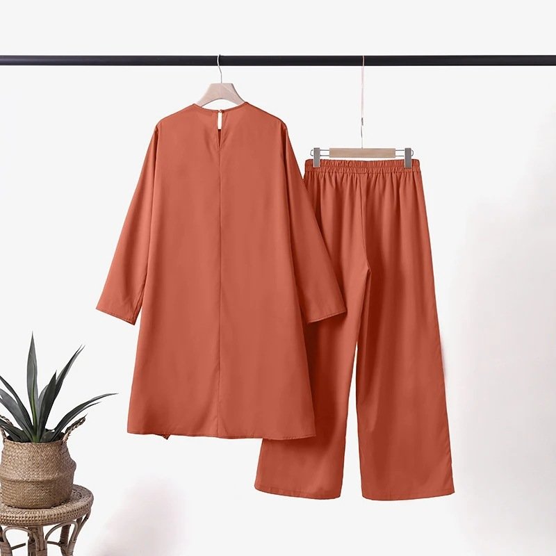 2024 Spring Women's New Solid Color Long Sleeve Shirt Wide Leg Pants Casual Two Piece Muslim Turkey Dubai Fashion Suit 7084