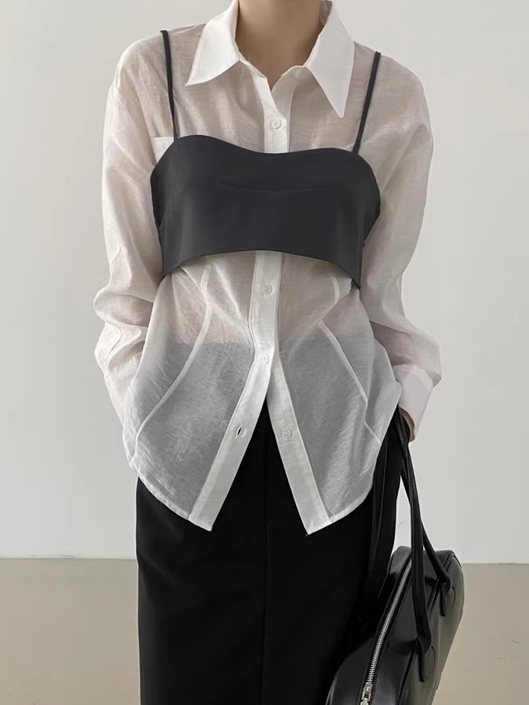 Boutique Wholesale 2024 Summer Temperament Single Breasted Long Sleeved Shirt Chest Wrapped Suspender Women's Set