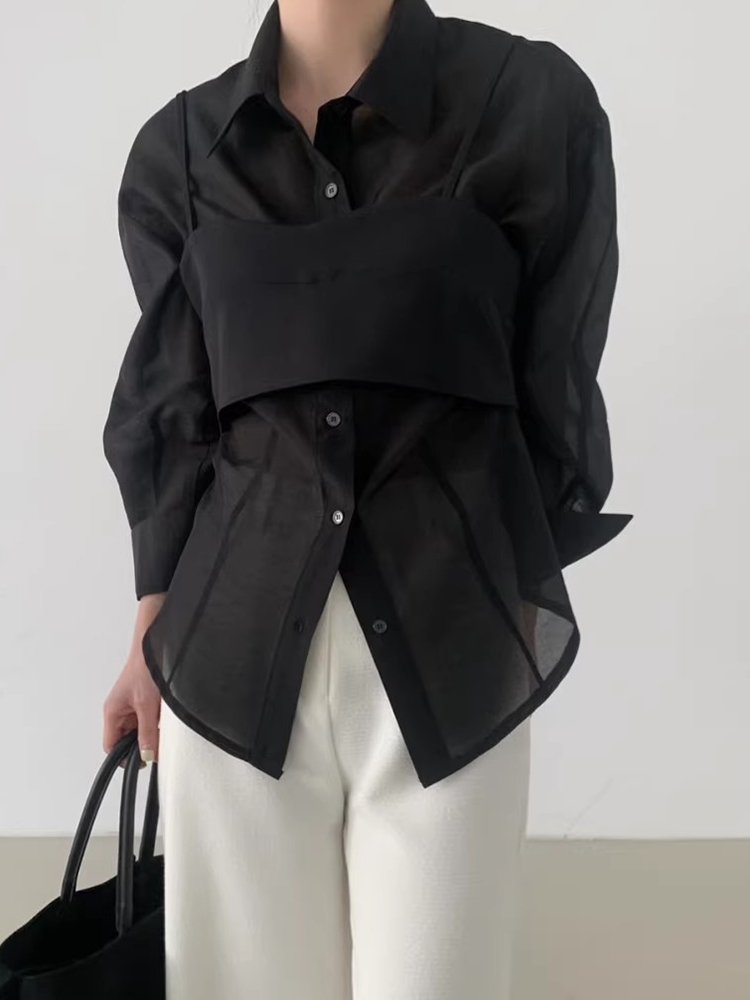 Boutique Wholesale 2024 Summer Temperament Single Breasted Long Sleeved Shirt Chest Wrapped Suspender Women's Set