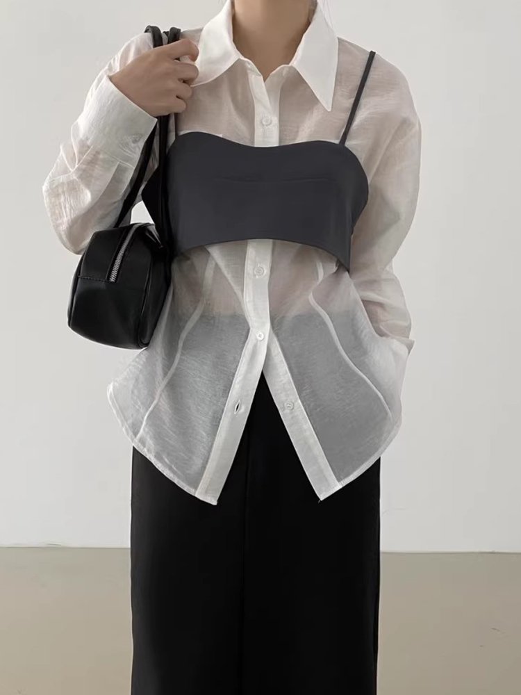 Boutique Wholesale 2024 Summer Temperament Single Breasted Long Sleeved Shirt Chest Wrapped Suspender Women's Set