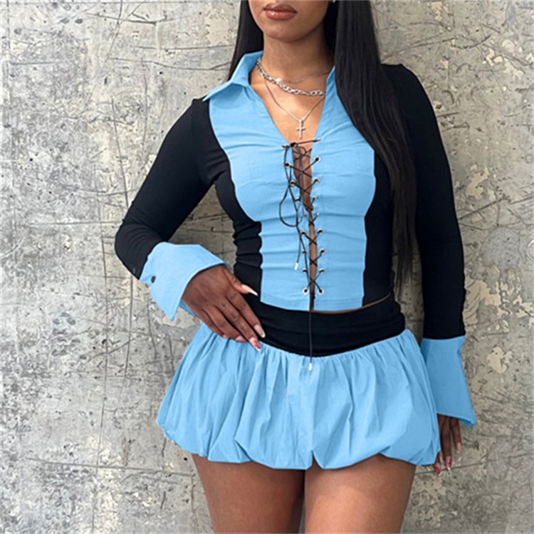 Fall 2024 women clothes Lace-Up Contrast Long Sleeve Top and Puffy Skirt women's sets