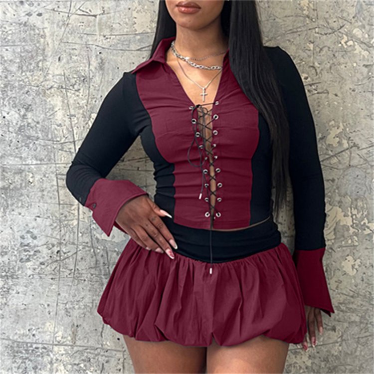 Fall 2024 women clothes Lace-Up Contrast Long Sleeve Top and Puffy Skirt women's sets