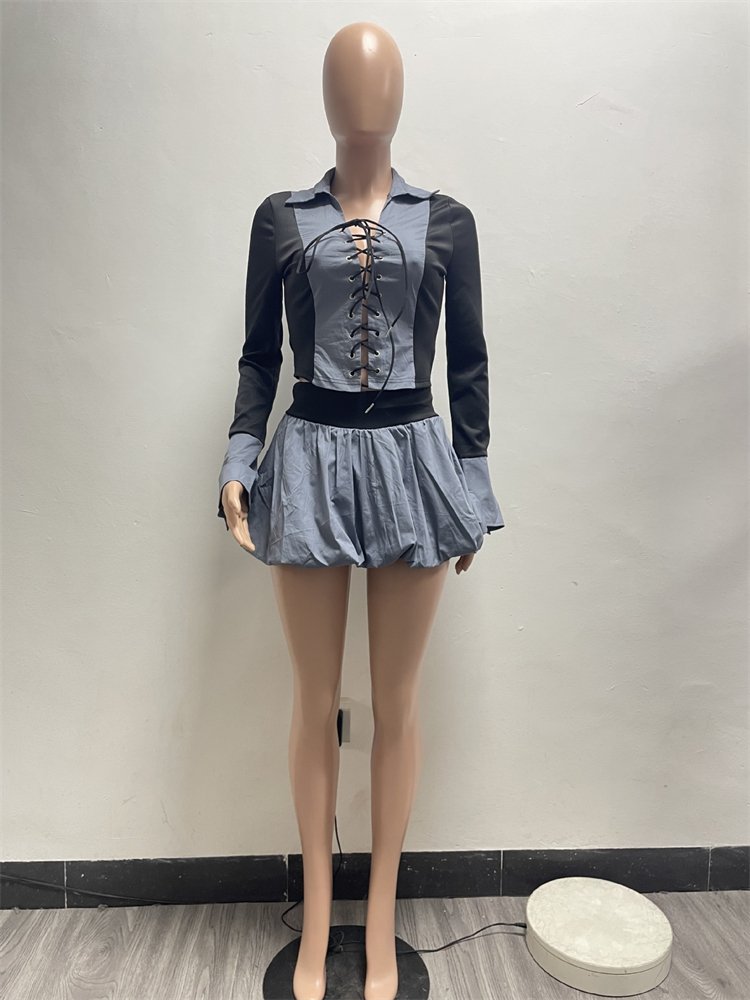 Fall 2024 women clothes Lace-Up Contrast Long Sleeve Top and Puffy Skirt women's sets