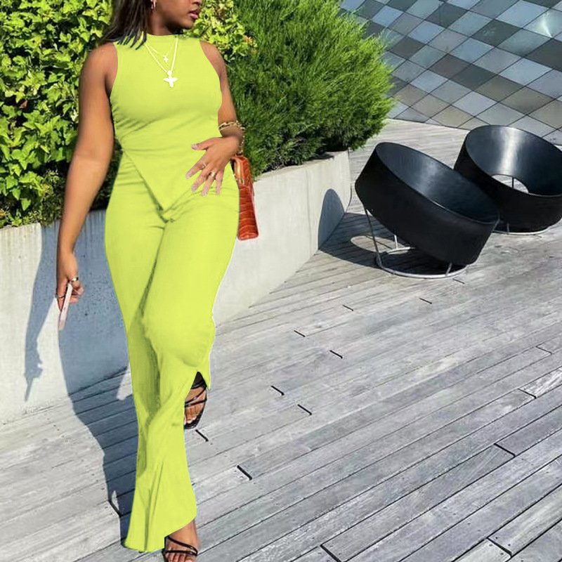 2023 New Collection Casual For 0-Neck Sleeveless Asymmetry Bottom Wide legs Pants Women's Sets