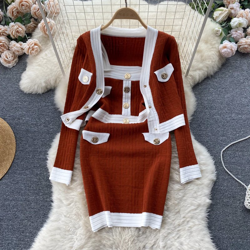 Woman Autumn White Elegant O-neck Sweater Elastic Waist Skirts Korean spring Knitting Two Piece Set