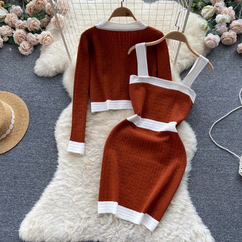 Woman Autumn White Elegant O-neck Sweater Elastic Waist Skirts Korean spring Knitting Two Piece Set