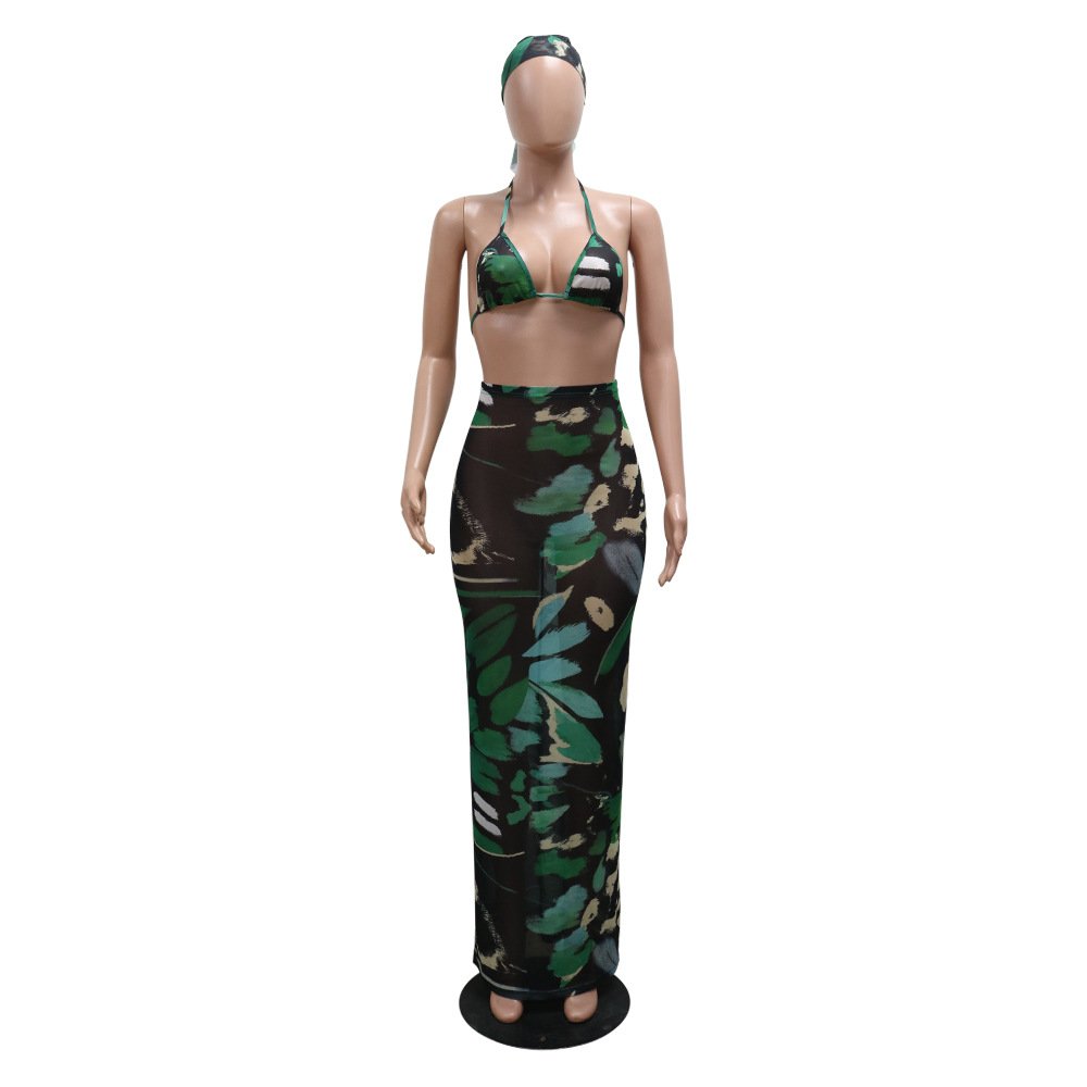 New Arrival Stylish Printed Two Piece Sexy Bikini with Maxi Dress Summer Women Two-Piece Set Sehe Fashion