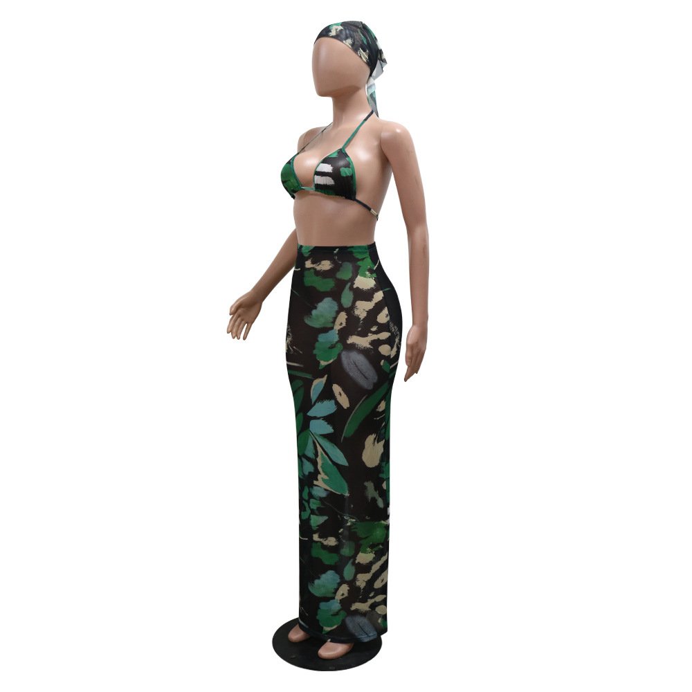 New Arrival Stylish Printed Two Piece Sexy Bikini with Maxi Dress Summer Women Two-Piece Set Sehe Fashion
