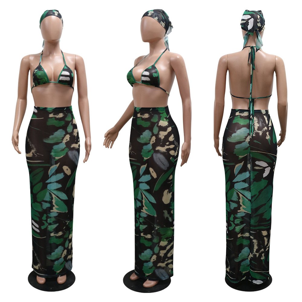 New Arrival Stylish Printed Two Piece Sexy Bikini with Maxi Dress Summer Women Two-Piece Set Sehe Fashion