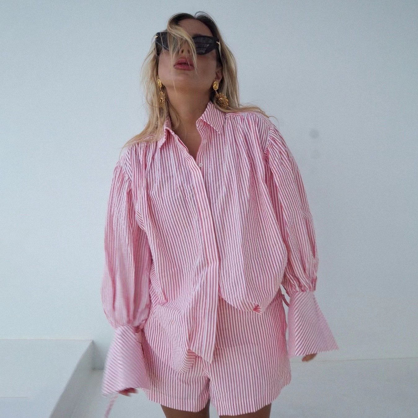 2022 Wholesale Women Clothing Long Sleeve Lapel Shirt & Shorts Two Piece Pants Set Casual Shirt Shorts Striped Wide Leg Pants