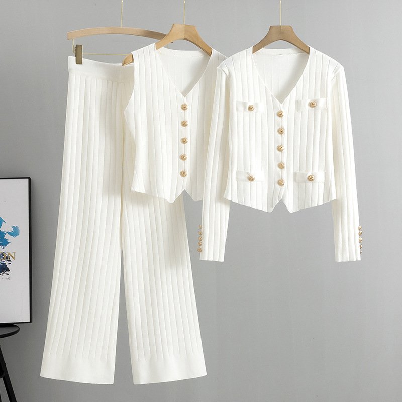 New Korean slim fit long-sleeved V-neck knitted cardigan + vest + wide-leg pants sweater three-piece set