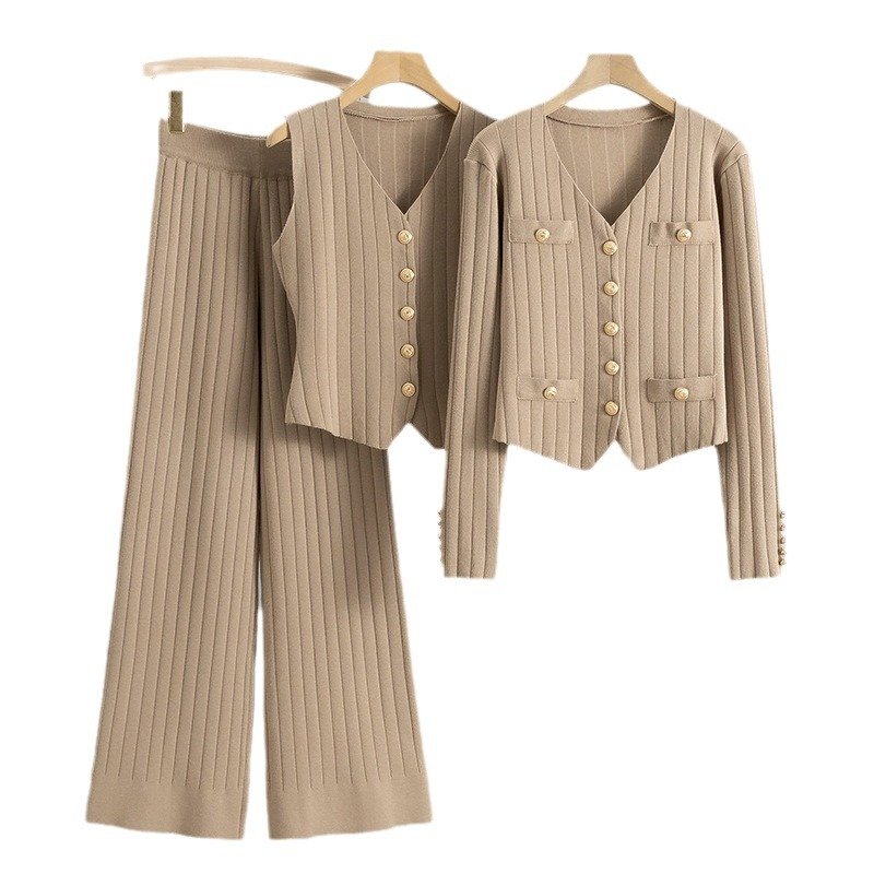 New Korean slim fit long-sleeved V-neck knitted cardigan + vest + wide-leg pants sweater three-piece set