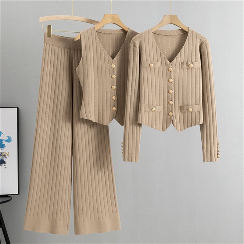 New Korean slim fit long-sleeved V-neck knitted cardigan + vest + wide-leg pants sweater three-piece set