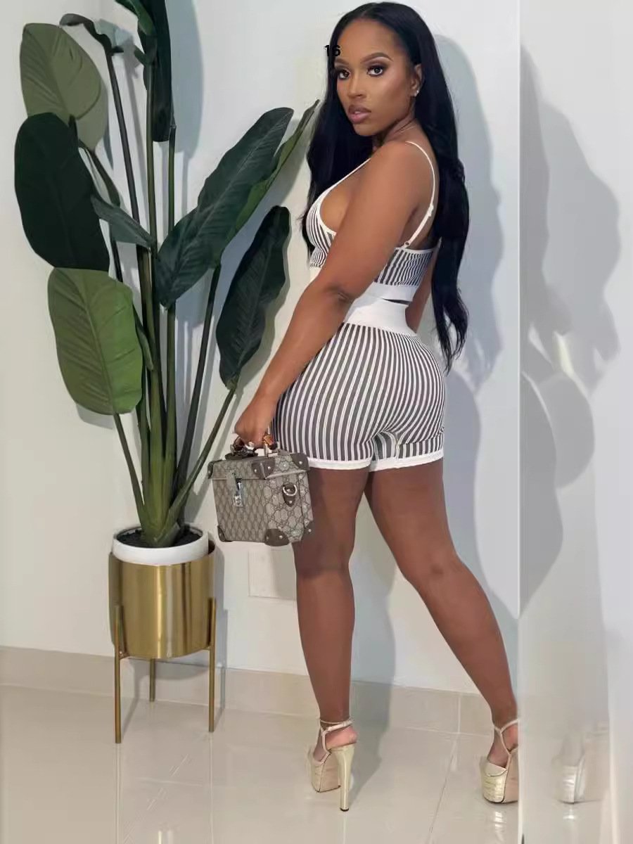 Peeqi HL 2024 Wholesale summer women's two piece shorts set new knitted striped contrast color halter top women's tracksuit