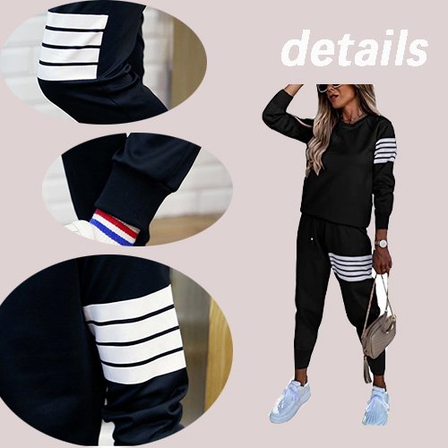 Custom Two Piece Set Autumn Women's Striped Outfits Casual O Neck Long Sleeve Top and Sweatpants Matching Tracksuit Jogger Set