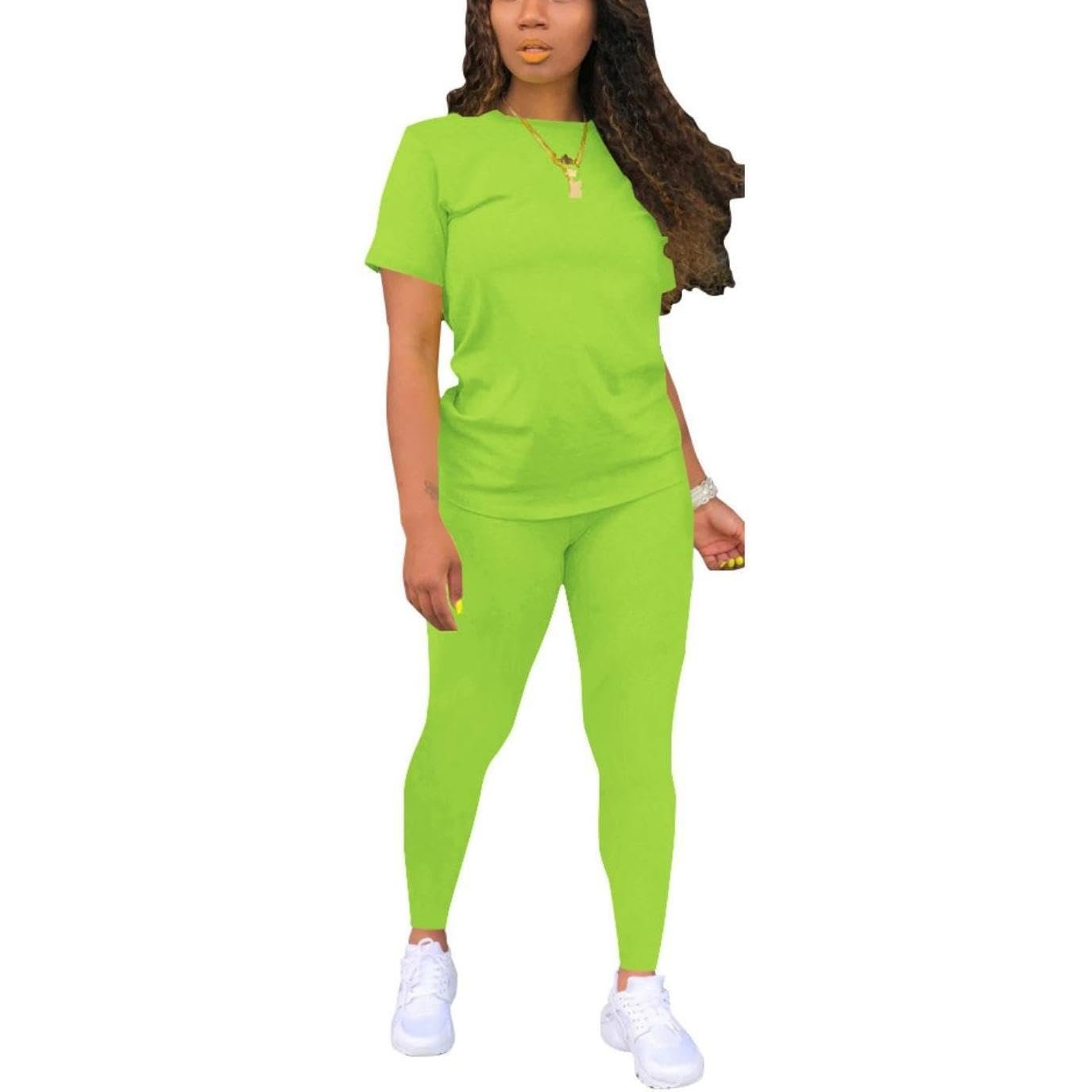 Bomblook QWST67 Women's Summer Casual Outfit Hot Sale Cotton Short Sleeves Neon Print Two-Piece Skinny Knitting Shorts Set