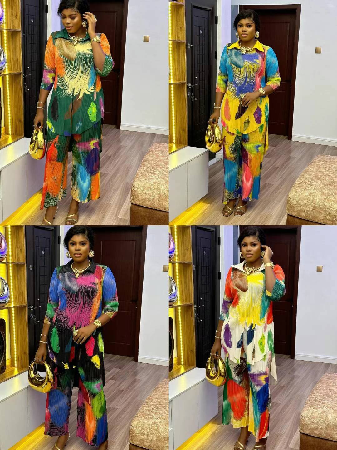 Latest Casual Fashion Fancy Clashing African Dress Miyake Pleated Free Size V Neck Top and Pants Two Piece Women's Set