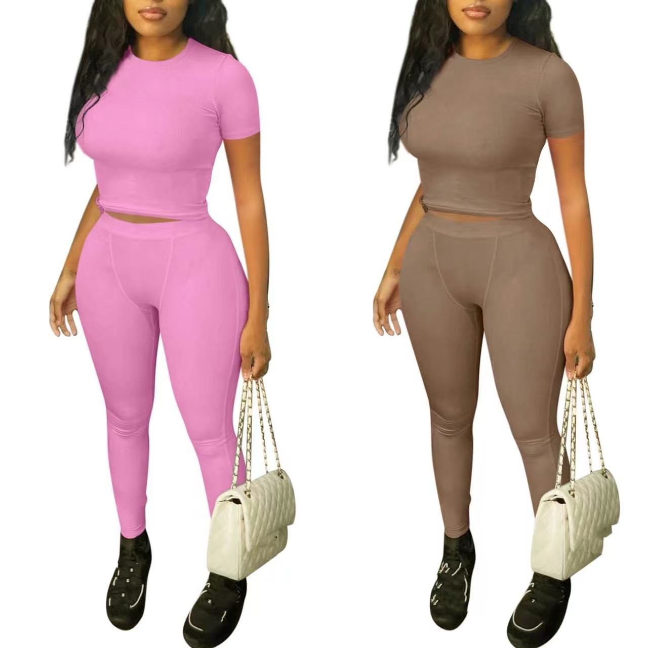 fall 2024 women clothes polyester spandex ribbed knit short sleeves tshirt and legging 2 two piece set women clothing loungewear