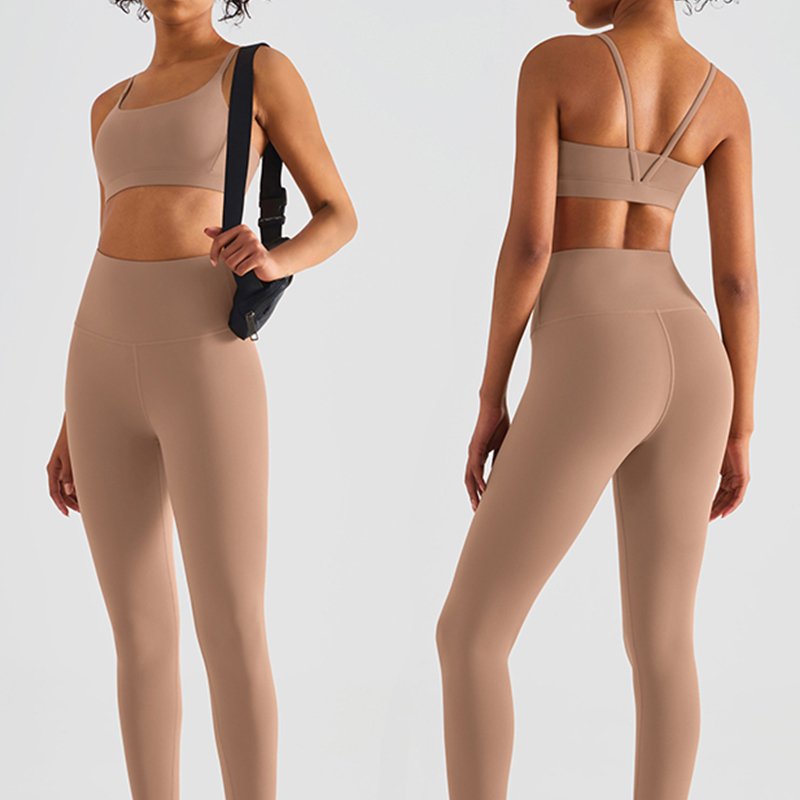Skin-friendly high-end nude lycra lulu yoga bra women's high waist peach hip fitness pants European and American women's legging