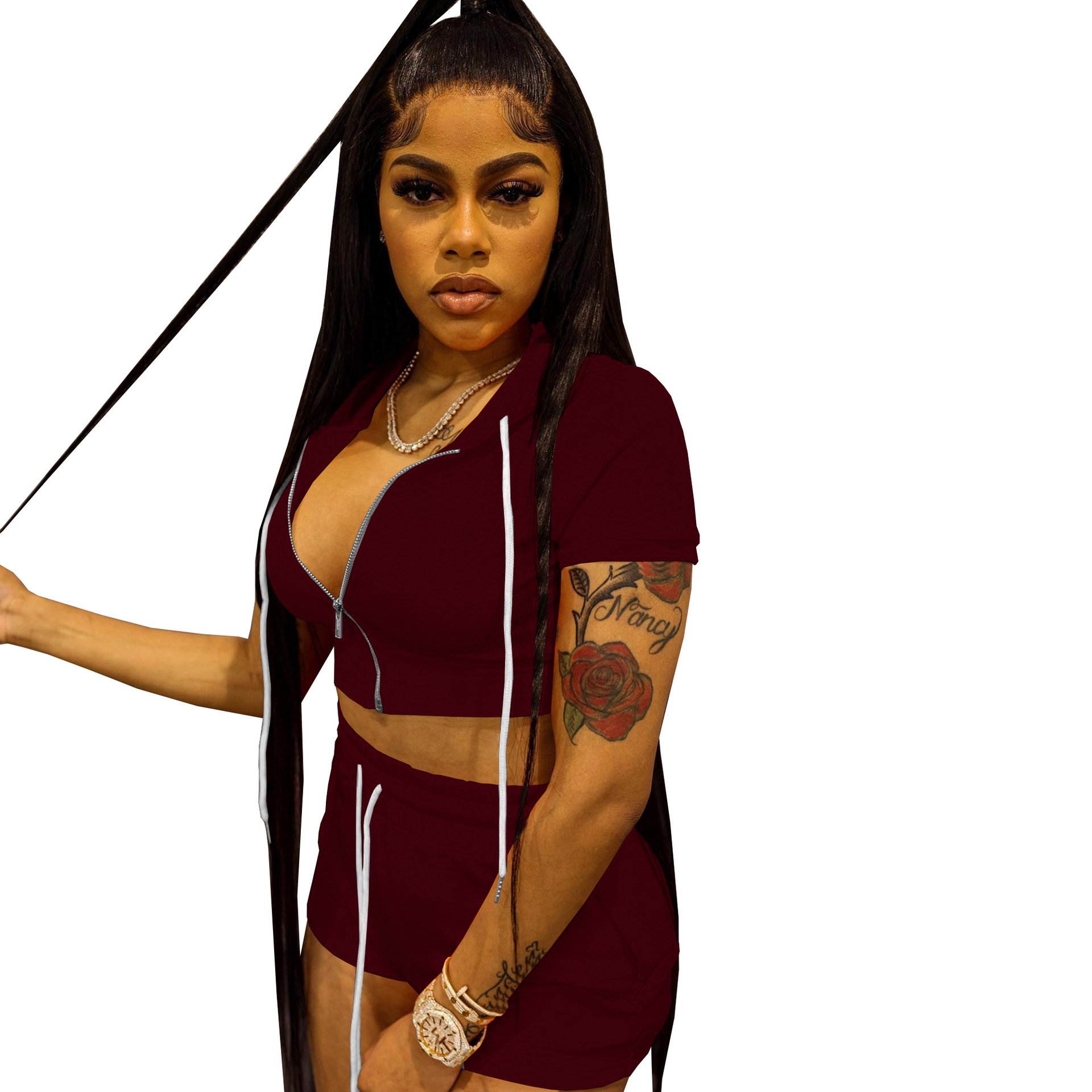 Custom logo Women's Set Summer zipper biker short set 2 piece sports crop top hoodie Jogger two piece short set Sweat