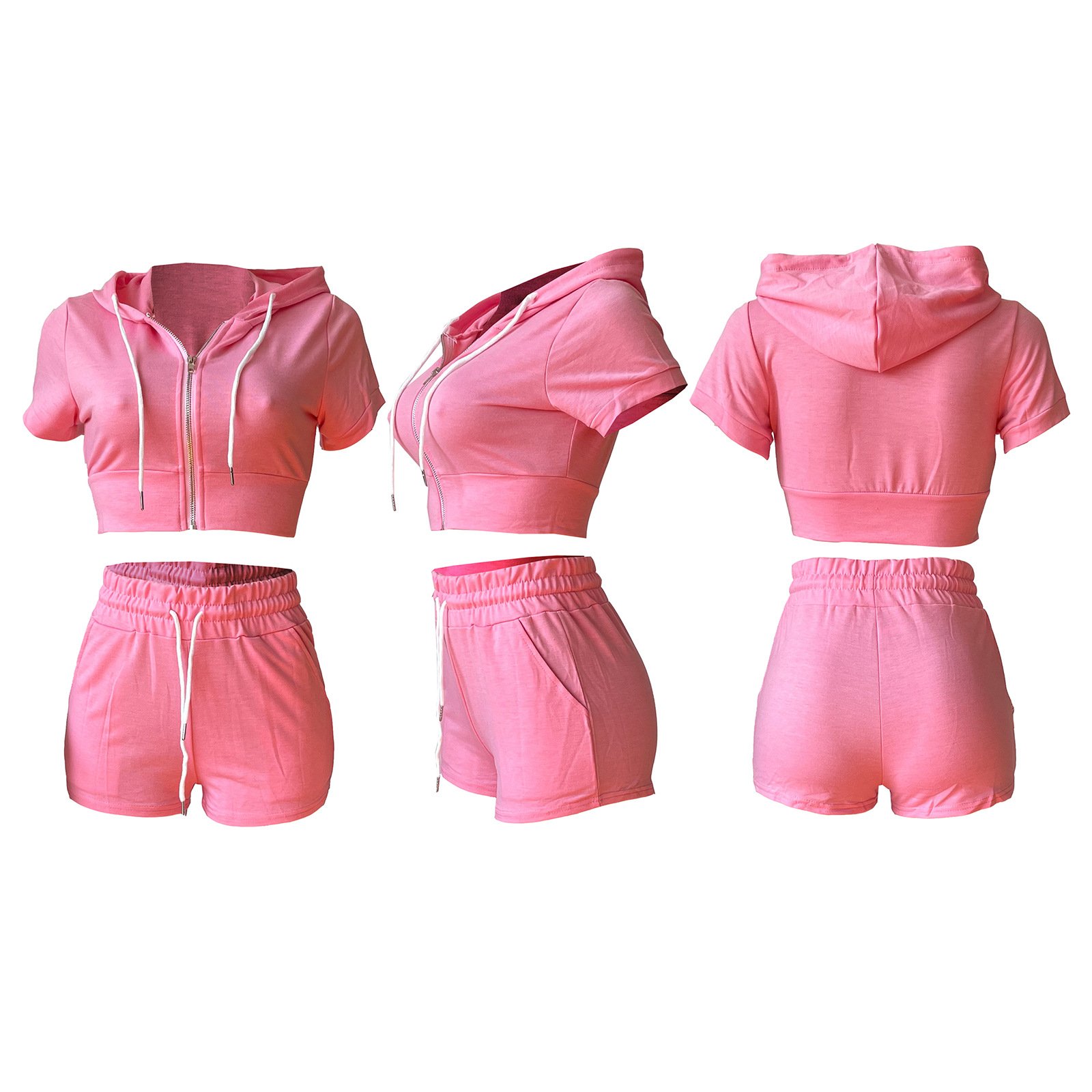 Custom logo Women's Set Summer zipper biker short set 2 piece sports crop top hoodie Jogger two piece short set Sweat