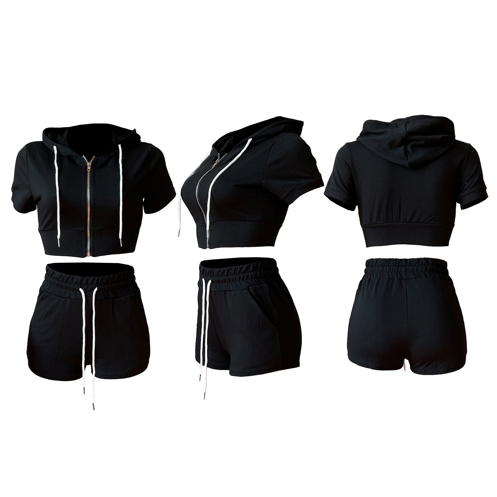 Custom logo Women's Set Summer zipper biker short set 2 piece sports crop top hoodie Jogger two piece short set Sweat