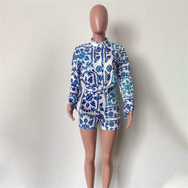 printed women casual 2 piece bandage short sleeve shirt cardigan crop top and shorts set women lounge wear clothing for women