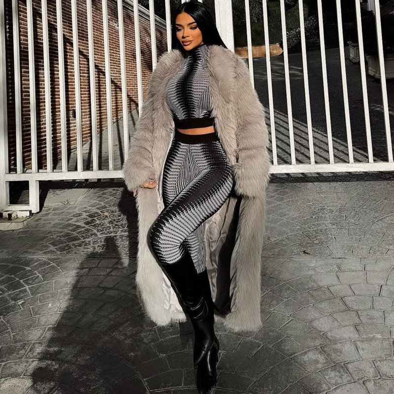 Casual Autumn Winter Women's Set Print Long Sleeve Crop Top Package Hip Skinny Maxi Pants 2 Piece Set For Women