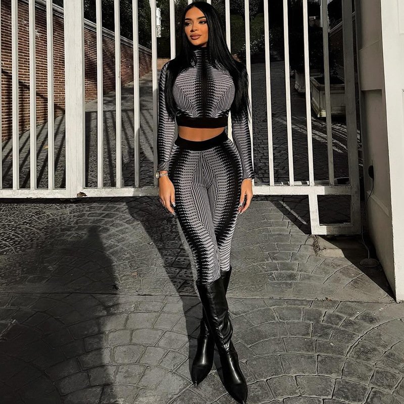 Casual Autumn Winter Women's Set Print Long Sleeve Crop Top Package Hip Skinny Maxi Pants 2 Piece Set For Women