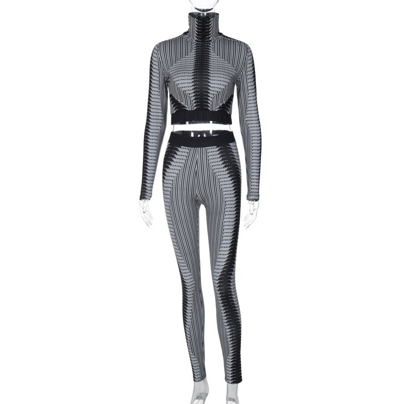 Casual Autumn Winter Women's Set Print Long Sleeve Crop Top Package Hip Skinny Maxi Pants 2 Piece Set For Women