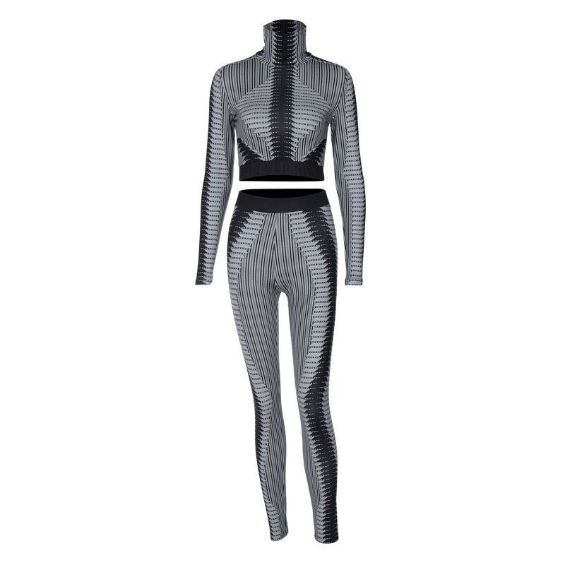 Casual Autumn Winter Women's Set Print Long Sleeve Crop Top Package Hip Skinny Maxi Pants 2 Piece Set For Women