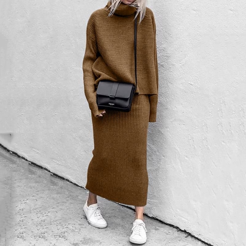 Casual Fall Winter Women's Turtleneck 2 Piece Outfits Ribbed Knit Sweater Midi Skirt Suit Set