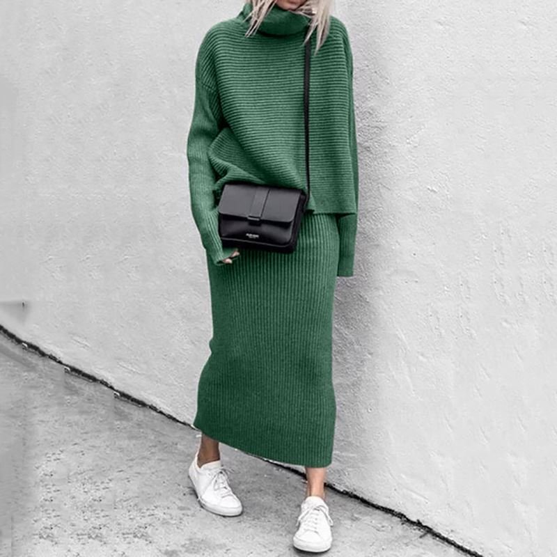 Casual Fall Winter Women's Turtleneck 2 Piece Outfits Ribbed Knit Sweater Midi Skirt Suit Set
