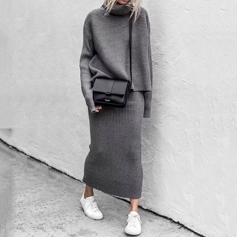 Casual Fall Winter Women's Turtleneck 2 Piece Outfits Ribbed Knit Sweater Midi Skirt Suit Set