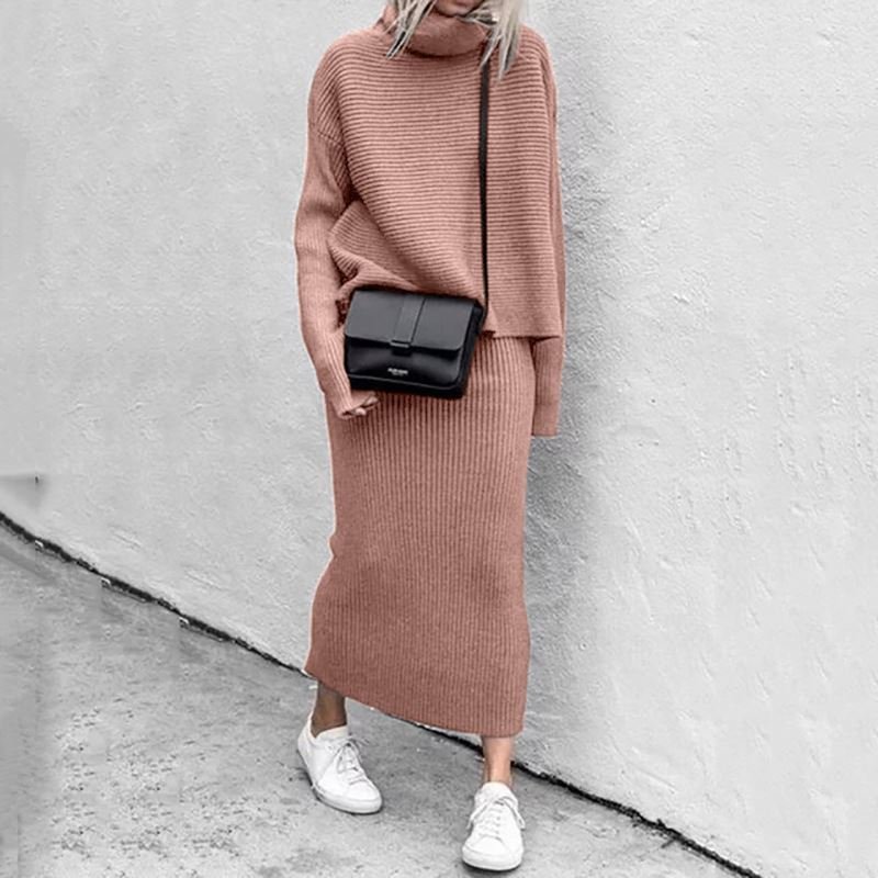 Casual Fall Winter Women's Turtleneck 2 Piece Outfits Ribbed Knit Sweater Midi Skirt Suit Set