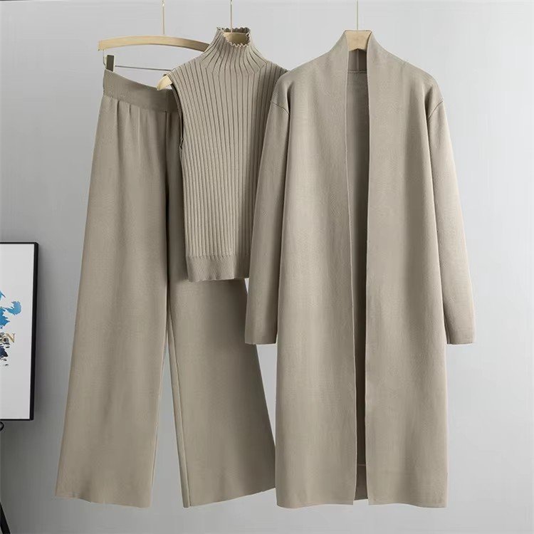 2024 Vintage Simple Elegant Knitted 3 Piece set Outfit LongSleeveless Top Long Cardigan Pants O-Neck Casual Winter Autumn