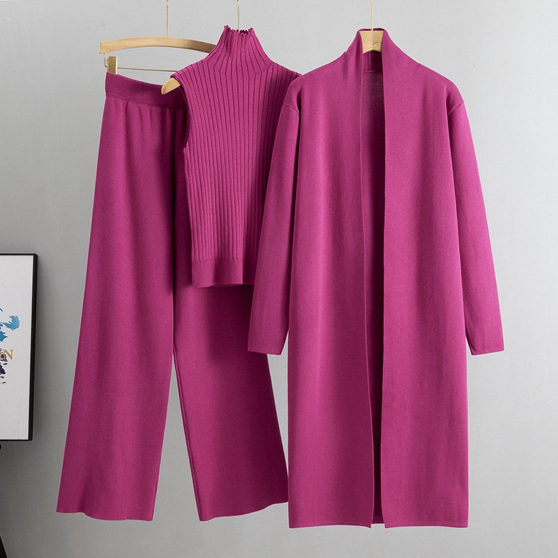2024 Vintage Simple Elegant Knitted 3 Piece set Outfit LongSleeveless Top Long Cardigan Pants O-Neck Casual Winter Autumn