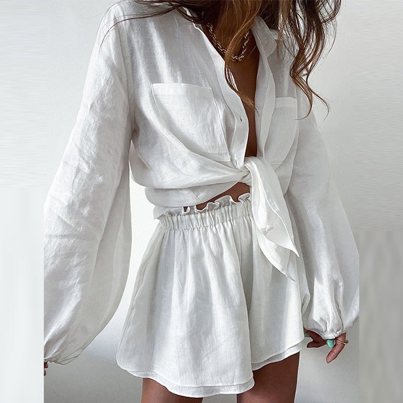 2024 summer hot fashion simple elegant temperament solid color ruffled edge commuter home vacation ladies shirt shorts set