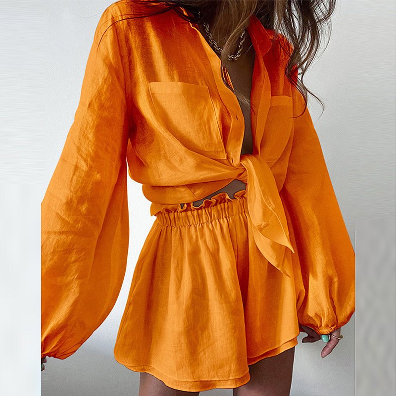 2024 summer hot fashion simple elegant temperament solid color ruffled edge commuter home vacation ladies shirt shorts set