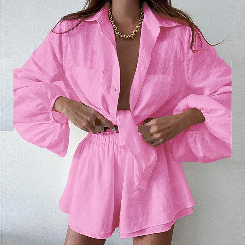 2024 summer hot fashion simple elegant temperament solid color ruffled edge commuter home vacation ladies shirt shorts set