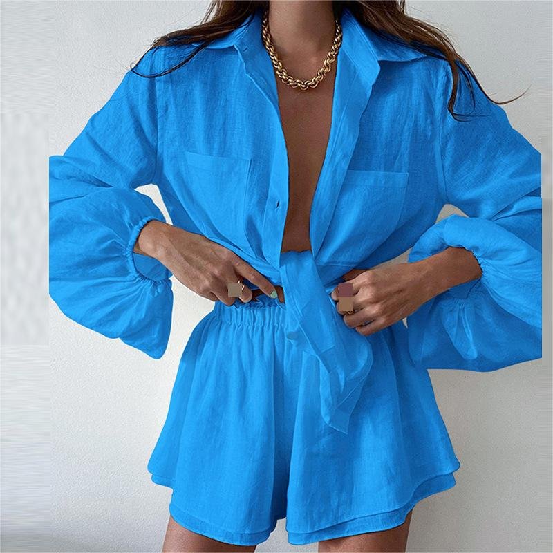 2024 summer hot fashion simple elegant temperament solid color ruffled edge commuter home vacation ladies shirt shorts set