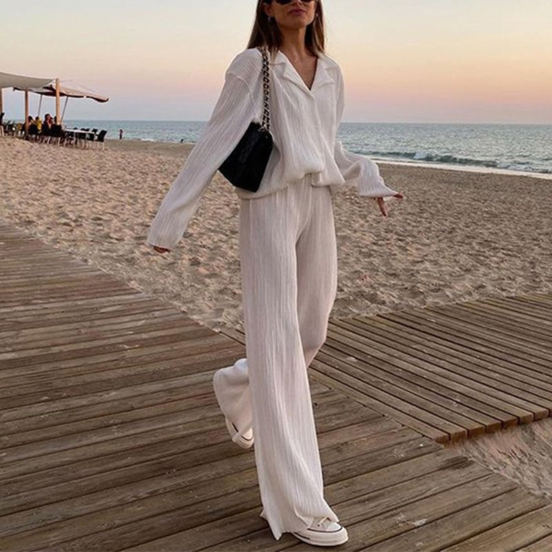 Fall new fashion pleated design long sleeve shirt suits straight pants loose casual women's two-piece sets