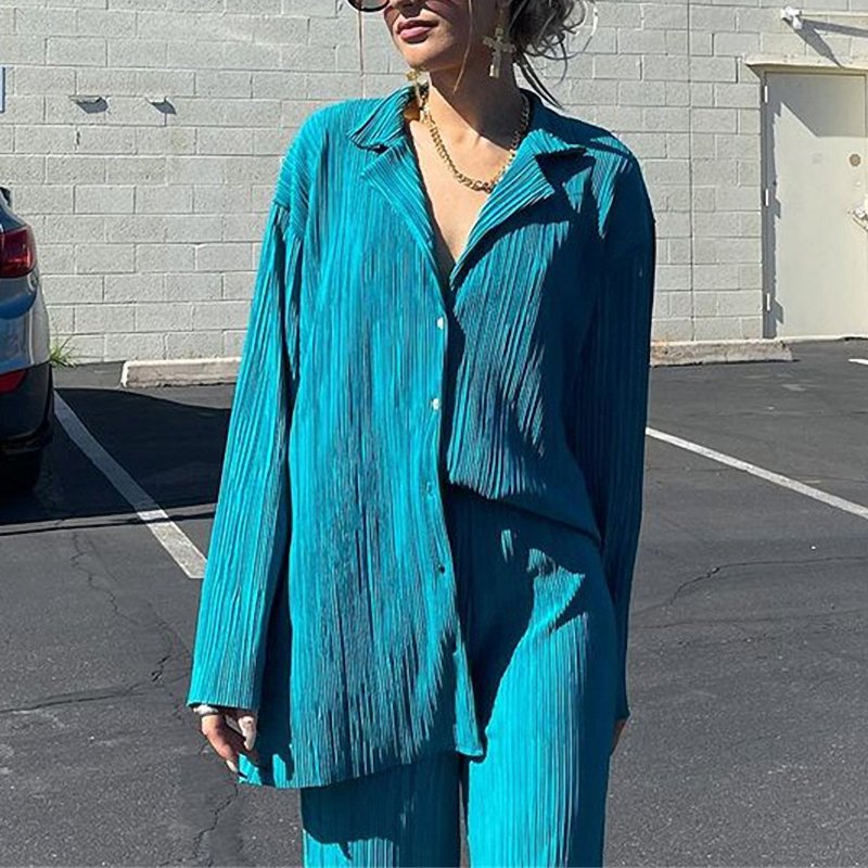 Fall new fashion pleated design long sleeve shirt suits straight pants loose casual women's two-piece sets