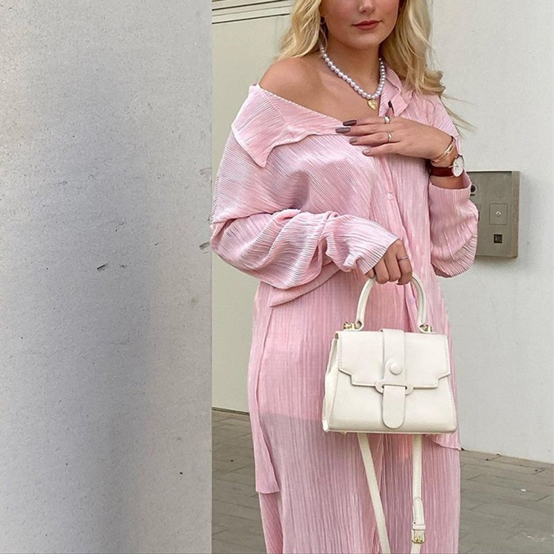 Fall new fashion pleated design long sleeve shirt suits straight pants loose casual women's two-piece sets