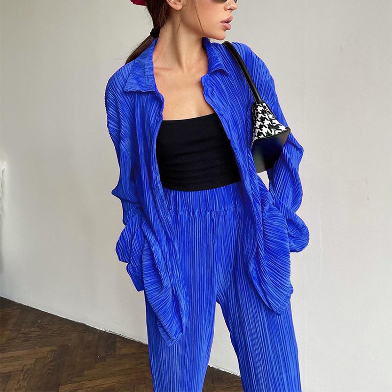 Fall new fashion pleated design long sleeve shirt suits straight pants loose casual women's two-piece sets